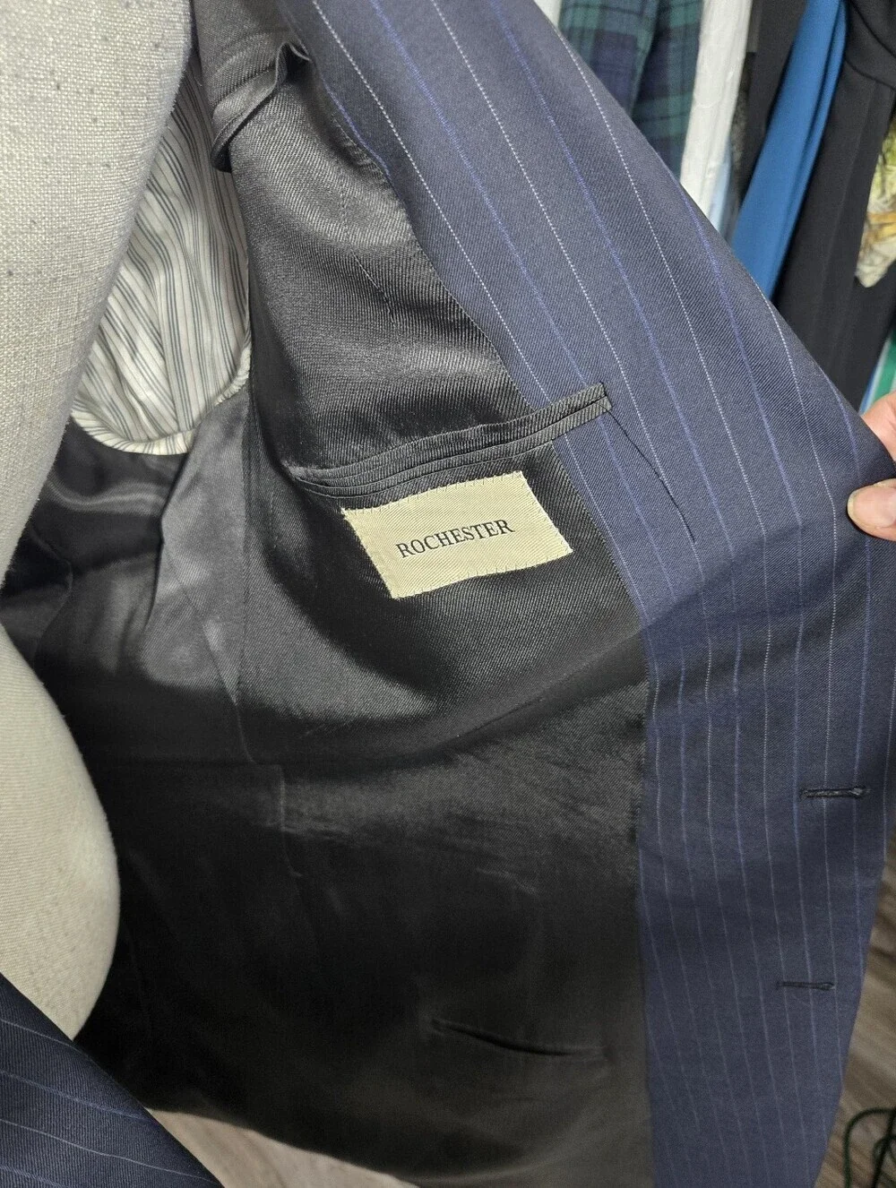 Vintage Burberry For Rochester Blue Pinstripe Wool Suit Size 50 XLG Big And Tall